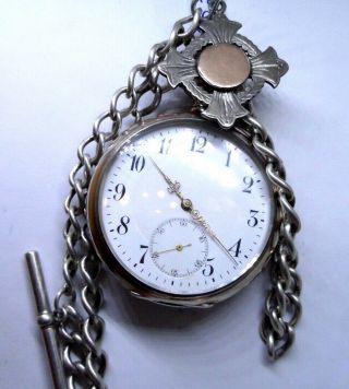 A Fine & Rare Silver Zenith Pocket Watch With Silver Chain & Fob