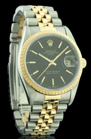Rolex Date 15223 Black Dial Two Tone 18k Yellow Gold Steel Automatic Watch