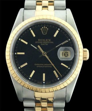 Rolex Date 15223 Black Dial Two Tone 18k Yellow Gold Steel Automatic Watch 2
