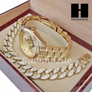 Men Freemason Masonic Iced Rapper 14k Gold Watch Cuban Bracelet Set L023