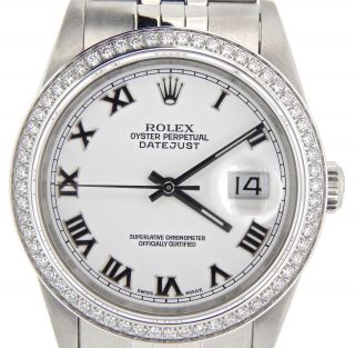 Rolex Datejust Mens Stainless Steel Watch White Roman Dial 1 Ct Diamond Bezel