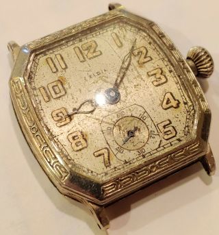 1928 Vintage Elgin 7j 14k Gold Filled Art Deco Case Mens Wristwatch For Repair