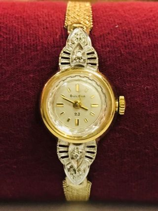 Vintage Art Deco Bulova Ladies 10k Rgp Watch 23 Jewel Diamond Bezel Duchess Band