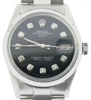 Mens Rolex Date Stainless Steel Watch Oyster Band Black Diamond Dial 15000