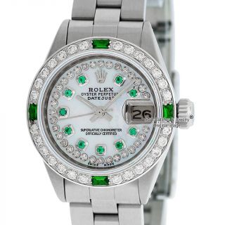 Rolex Ladies Datejust Ss & 18k White Gold Mop Diamond And Emerald Dial & Bezel