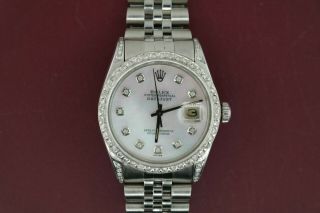 Men ' s Rolex Datejust 16014 White Mother of Pearl Diamond Dial Diamond Lugs 1985 3