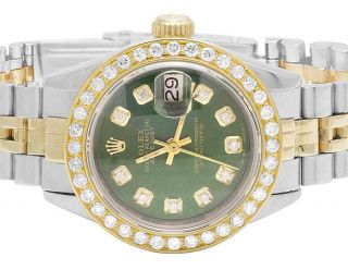 Ladies Rolex Datejust Two Tone 18k/ Steel 26mm Green Dial Diamond Watch 2.  0 Ct