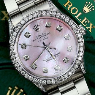 Ladies Rolex Air King 34mm Stainless Steel Pink Mother Of Pearl Diamond Watch