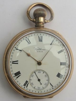 Antique Waltham Traveler Gold Plated Open Faced Pocket Watch C.  1908