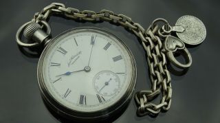 1888 Sterling Silver Antique Hillside Waltham Pocket Watch&chain Fob/ticking