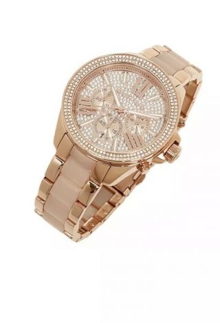 100 Michael Kors Rose Gold Blush Chrono Womens Glitz Stainless Watch Mk6096