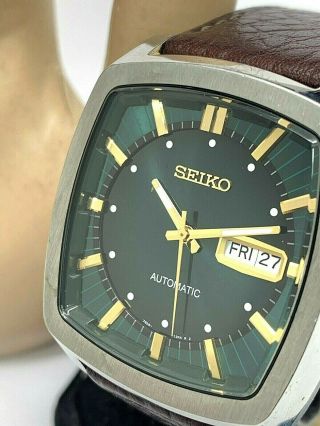 Seiko Recraft Automatic Green Dial Day Date Brown Leather Band Mens Watch Snkp27