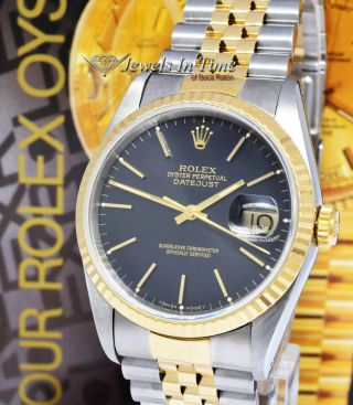 Rolex Datejust 18k Yellow Gold & Steel Black Dial 36mm Watch Box/papers X 16233