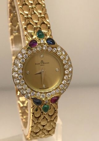 Baume & Mercier 18k Gold Ladies Watch With Diamonds Emeralds Rubies & Sapphires