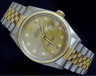 Rolex Datejust Mens 2tone 18k Gold & Ss Steel Watch Diamond Champagne Dial 16013