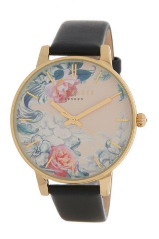 Ted Baker Classic Floral Dial Black Leather Strap Watch