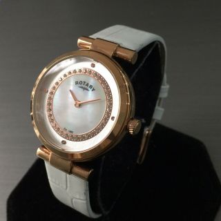 Ladies Rotary Watch Ls00662/41 Pearl Dial Rose Gold White Leather Steel