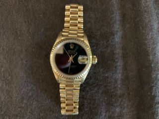 Rolex 18k Yellow Gold President Bracelet Datejust Onyx Dial Ladies Watch