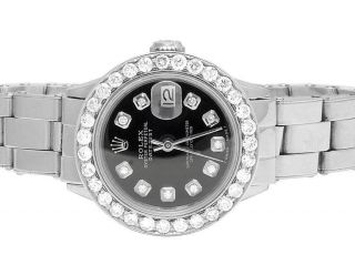 Ladies Stainless Steel 26mm Rolex Datejust Oyster Black Dial Diamond Watch 2.  5ct
