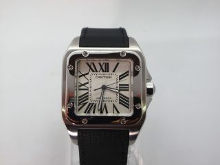Cartier Santos 100 Stainless Steel Mens Watch W20073x8 Black Leather Strap