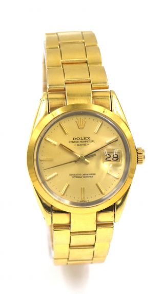 Gents Rolex Oyster Perpetual Date 15505 Wristwatch 14k Gold Box Papers C1984