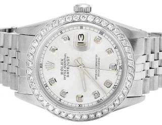 Mens Rolex Datejust Quickset 16014 Oyster 36mm Silver Dial Diamond Watch 3.  0 Ct
