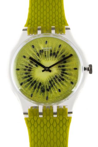 Swatch Womens Dial Band Fashion Watch Lime Green Silicone Kiwi Print