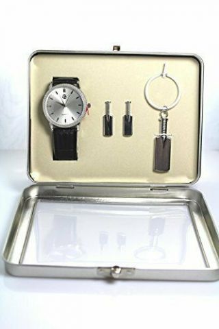 Time Design Men Gents Quartz Analogue Black Watch Key Ring Cufflinks Set Gift