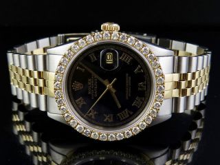 Mens Rolex 18k/ Steel Datejust Two Tone 36mm Black Dial Diamond Watch 3.  25 Ct