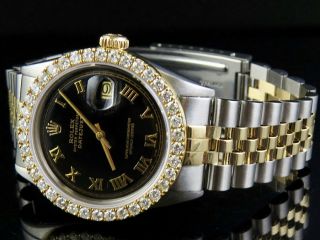 Mens Rolex 18K/ Steel Datejust Two Tone 36MM Black Dial Diamond Watch 3.  25 Ct 3