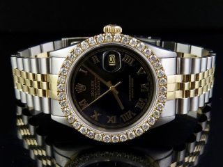 Mens Rolex 18K/ Steel Datejust Two Tone 36MM Black Dial Diamond Watch 3.  25 Ct 7