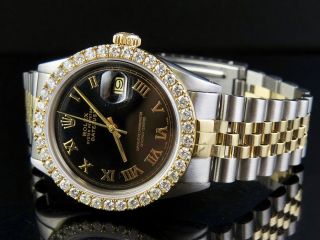 Mens Rolex 18K/ Steel Datejust Two Tone 36MM Black Dial Diamond Watch 3.  25 Ct 9