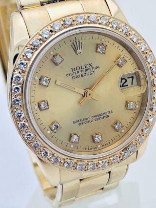 Estate Rolex 14k Solid Gold 31mm Midsize President 6827 Diamond Dial & Bezel 12