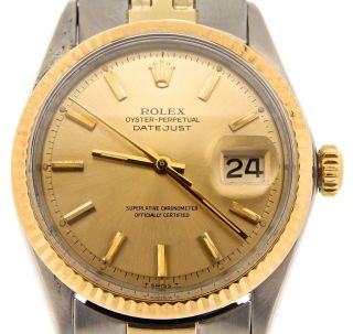 Rolex Datejust Mens 14k Gold & Stainless Steel Champagne Oval Link Jubilee 1601