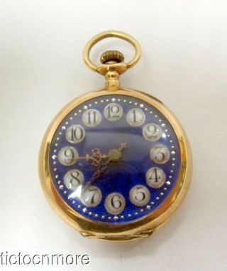 Antique Swiss 14k Gold Guiloche Blue Enamel Fancy Dial Pendant Pocket Watch