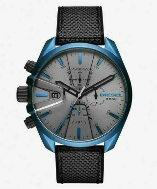 Diesel Mens Ms9 Grey Black Silicon Strap Blue Case Chronograph Watch Dz4506 Nwt