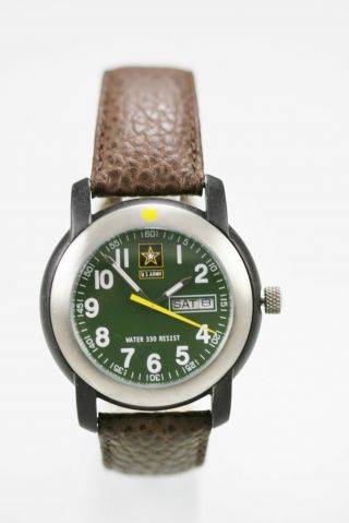 Us Army Watch Mens Green Day Date Stainless Silver Black Leather Brown 100m