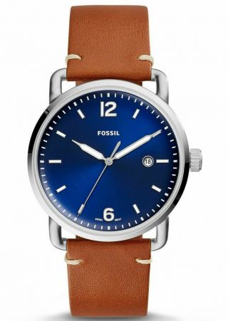 Fossil Commuter 3 Hand Mens Watch W/ Brown Leather Strap & Blue Face Fs5325