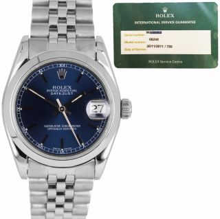 Ladies Rolex Datejust Mid - Size 31mm Blue Stainless Steel Jubilee Watch 68240