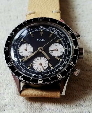 Old Gallet Valjoux 72 Multichron Pilot Chronograph Steel Watch C/w Leather Band