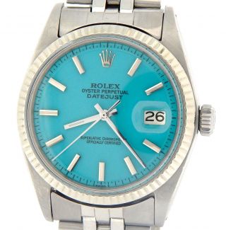 Rolex Datejust Mens Stainless Steel & 18k White Gold Turquoise Blue Dial Watch
