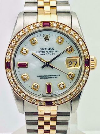 Estate Rolex Datejust 31mm Midsize 18k Gold & Ss 68273 Diamond Ruby Pearl Bezel