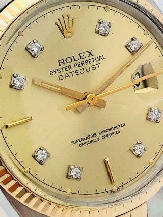 Estate Rolex Datejust 18k SS Quickset 36mm Mens Watch w/ Gold Diamond Dial 10