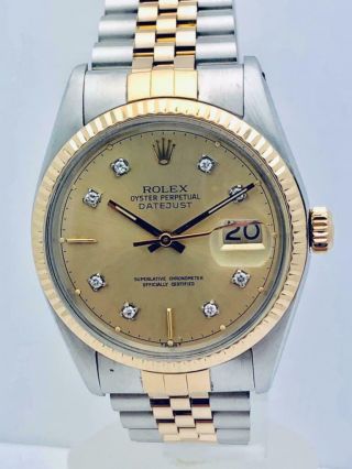 Estate Rolex Datejust 18k Ss Quickset 36mm Mens Watch W/ Gold Diamond Dial
