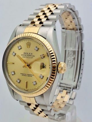 Estate Rolex Datejust 18k SS Quickset 36mm Mens Watch w/ Gold Diamond Dial 2
