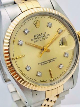 Estate Rolex Datejust 18k SS Quickset 36mm Mens Watch w/ Gold Diamond Dial 9