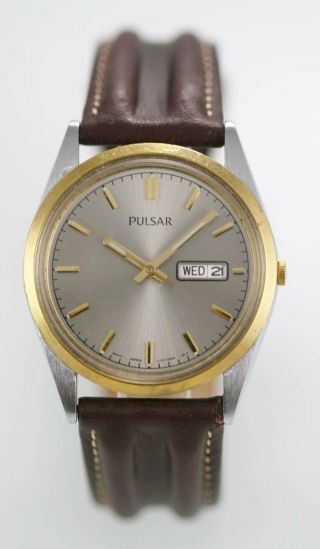 Pulsar Watch Men Gray Day Date Stainless Steel Silver Gold Leather Brown Quartz
