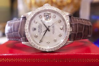 Mens Rolex Oyster Perpetual Datejust Diamonds Mother - Of - Pearl Watch
