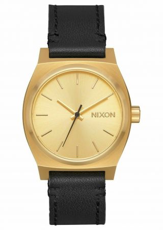 Nwt Nixon Medium Time Teller Leather Watch Gold/black A1172 513 Msrp $100