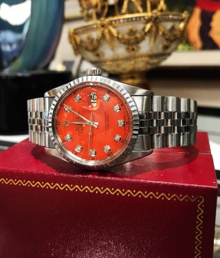 Mens Rolex Oyster Perpetual Datejust Stainless Steel Diamond Orange Dial Watch
